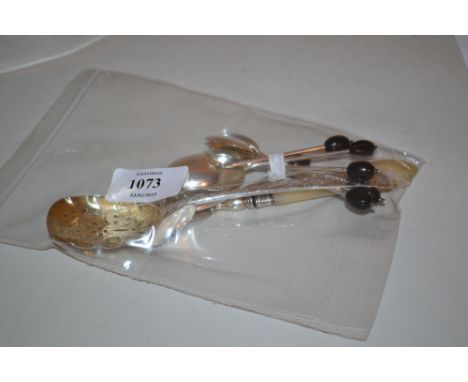 George III silver sugar spoon, an early 19th Century Birmingham silver butter knife with mother of pearl handle and a set of 