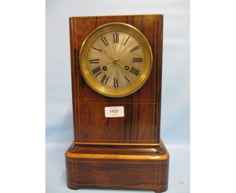 Mid 19th Century rosewood boxwood line inlaid mantel clock having circular silvered engine turned dial with Roman numerals an