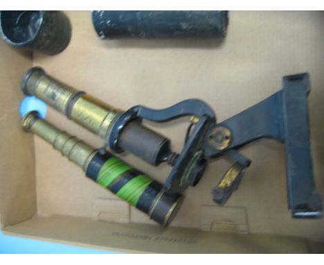 Small 19th Century telescope by Pedrone, Liverpool, together with a monocular microscope and a metal carriage lamp (a/f) COND