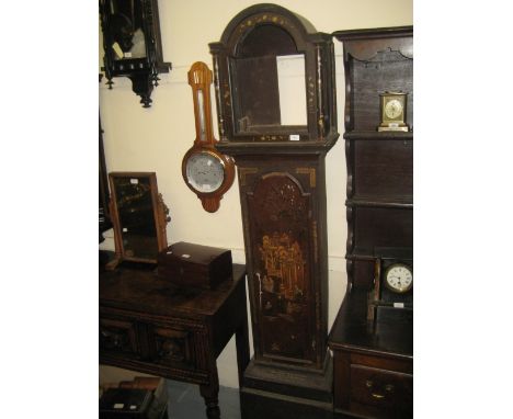 Late 18th / early 19th Century chinoiserie decorated longcase clock case having arched hood flanked by plain pilasters above 