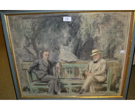 William Barribal, pastel study of Frank Brangwyn, seated on a garden bench with another gentleman, signed, 19ins x 23ins, fra