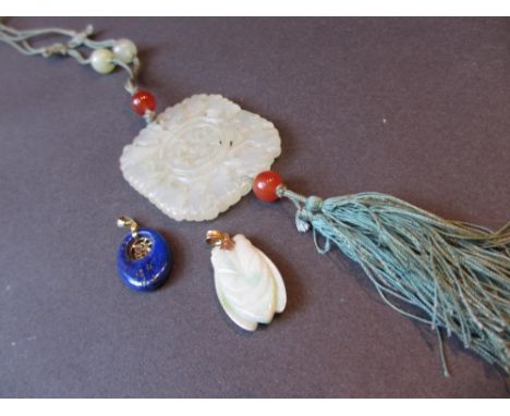 Chinese carved jade pendant, small jade pendant carved in the form of an insect with 14ct mount, together with a blue stone p