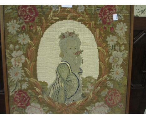 Early 19th Century framed needlework and embroidered tapestry of a lady holding a rose