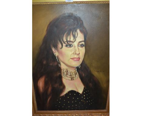 20th Century oil on canvas, head and shoulder portrait of a lady wearing a pearl collar, signed Anware, 27ins x 19ins, gilt f