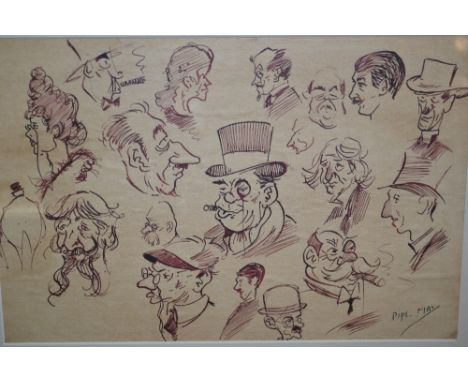 Phil May, multiple caricature sketch, signed, 7ins x 11ins, gilt framed