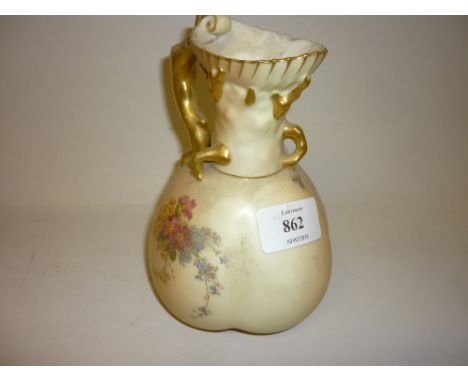 Royal Worcester blush ivory jug decorated with flowers and a gilt twig pattern handle