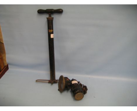 Trojan car foot pump with original Trojan 1930's receipt and a Birmingham Panther bicycle lamp