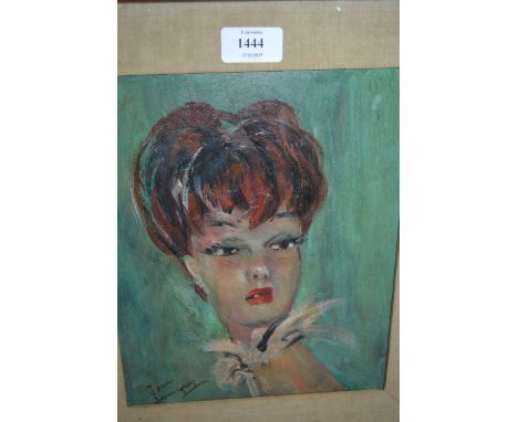 Oil on card, head and shoulder portrait of a lady in a gilt and canvas frame, 10ins x 8ins, indistinctly signed, together wit