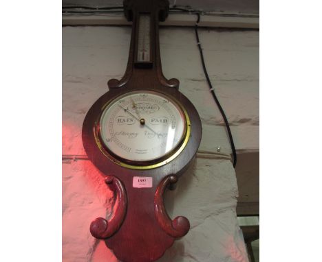 Oak cased banjo shaped aneroid barometer thermometer