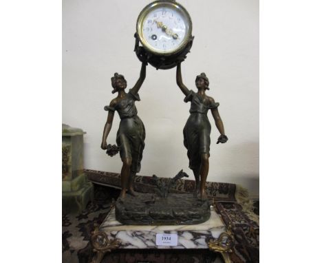 Cold painted spelter portico mantel clock entitled ' Nymphes des Bois ' with a circular white enamel dial having floral paint