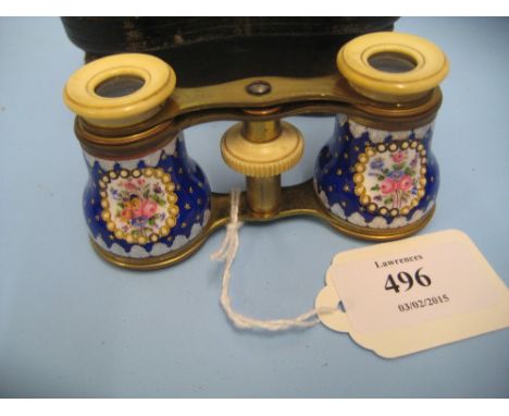 Pair of small good quality French enamel decorated and ivory mounted opera glasses in leather case