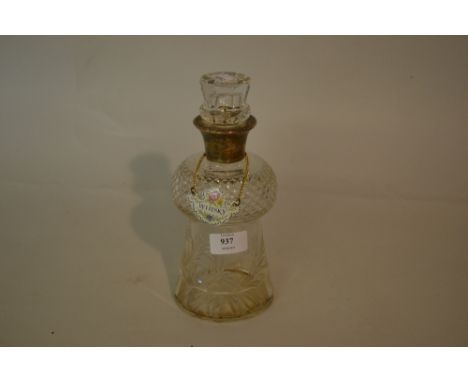 Birmingham silver collared cut glass decanter in the form of a thistle with enamel whisky decanter label