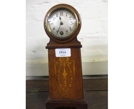 Early 20th Century miniature longcase clock having inlaid walnut case and circular silvered dial with Arabic numerals and sin