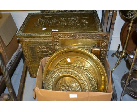 Brass coal bin, three wall plates, similar firescreen, magazine rack, hall mirror and brush set etc.
