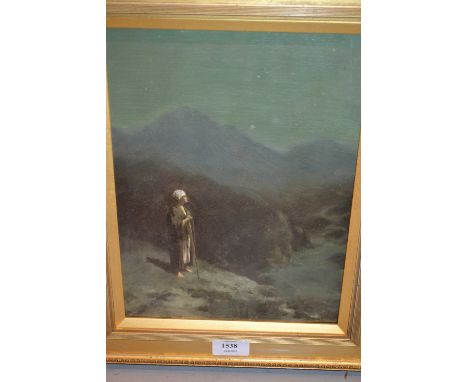 Late 19th Century symbolist style oil, portrait of a figure in a mountain landscape, 11.5ins x 8.5ins