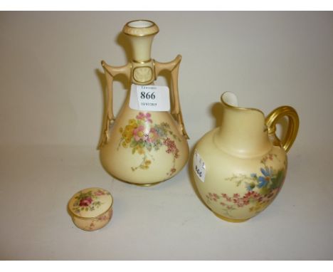 Royal Worcester two handled baluster form vase painted with flowers, similar flat back jug and miniature rouge pot