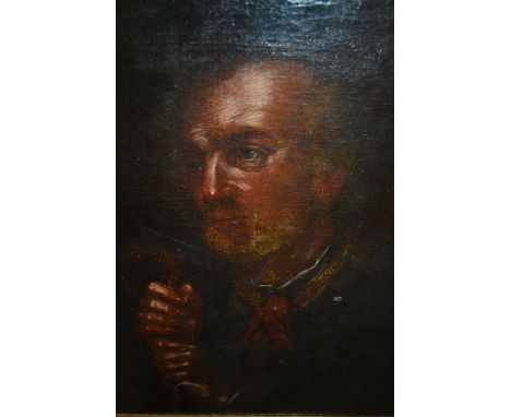 19th Century oil on canvas, head and shoulder portrait of a man holding a cane, 23ins x 19ins, gilt framed