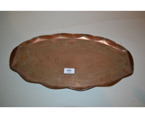 Art Nouveau copper oval tray with hand beaten decoration