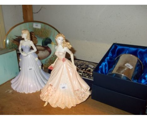 Two Coalport figures of ladies, a Wedgwood ceramic card case, a Royal Worcester millennium dish together with a Harrods plate