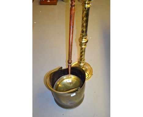 19th Century copper and brass fruitwood handled warming pan, brass coal scuttle and a brass standard lamp