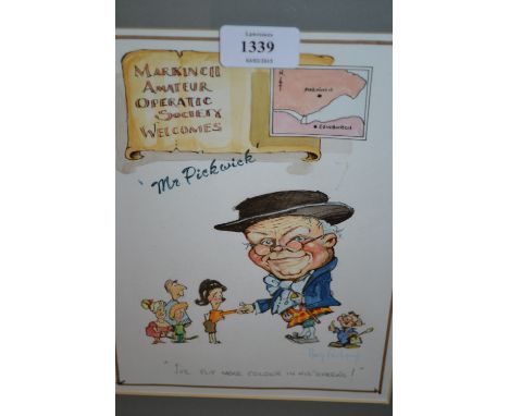 Harry Fairbairn, watercolour caricature, ' Mr Pickwick ', signed, framed together with Forestier, print on silk, a seated cav
