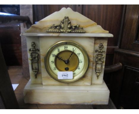 19th Century white marble brass mounted mantel clock the circular brass dial with white chapter ring having Arabic numerals a
