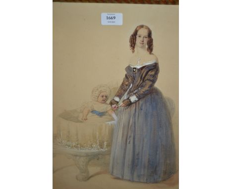 19th Century English school watercolour, portrait of a young lady with child in a cot, 16.5ins x 13ins
