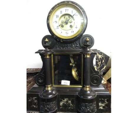 Large 19th Century black slate and marble mantel clock having circular gilt dial with white chapter ring and Arabic numerals 