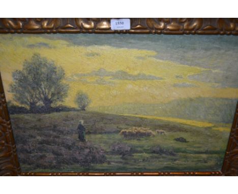 Late 19th Century Barbizon school, oil on canvas, shepherdess and flock in a landscape at sunset, 14.5ins x 21ins CONDITION R