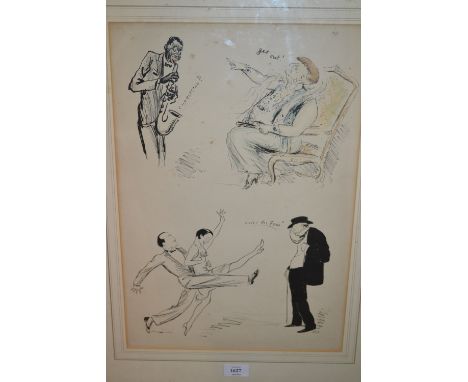 1920's Hand coloured print depicting caricatures of various figures housed in a single frame together with an oak framed prin