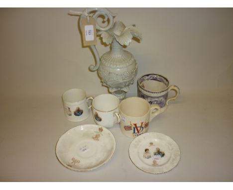 19th Century salt glazed floral decorated jug, an Ottoman frog mug and three various commemorative cups, mugs, saucers etc
