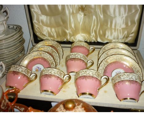 Set of six Copeland Spode Ruskin pattern floral and gilt decorated tea cups and saucers in fitted box