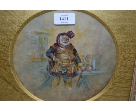 Circular oil on paper, portrait of Falstaff, signed with monogram A.A., 8ins, gilt framed