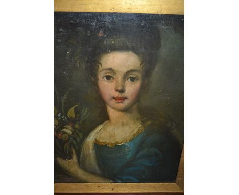 18th Century style oil, half length portrait of a lady holding a posy of flowers, 18.5ins x 14ins