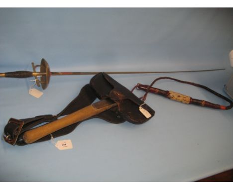 Hollis fireman's axe, a Spanish sword and a leather whip