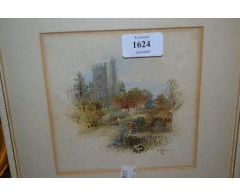 Small watercolour, figures on a track with church, indistinctly signed, 5ins x 5ins together with a small oil sketch of a rui
