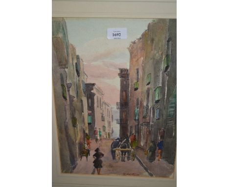 R. Raistrick, watercolour, figures in a street scene, signed, 15ins x 10.5ins, gilt framed