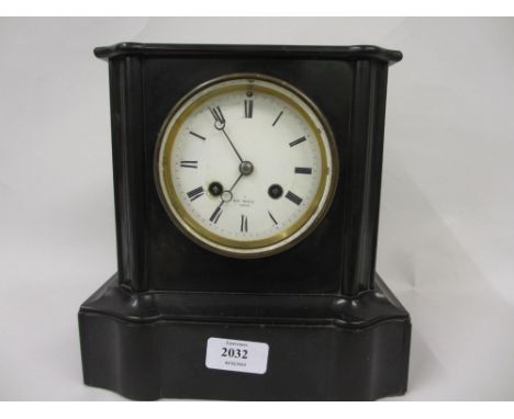 19th Century black slate two train mantel clock with enamel dial and Roman numerals
