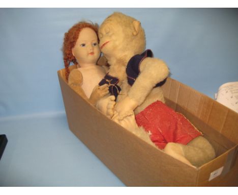 Merrythought 30in soft toy in the form of a sleeping monkey, together with a 1930's Chad Valley 30in Hygienic doll