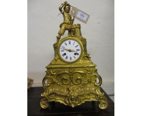 Mid 19th Century ormolu mantel clock, the circular enamel dial with Roman numerals and two train eight day movement striking 