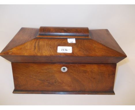19th Century rosewood sarcophagus shaped tea caddy with ring end handles