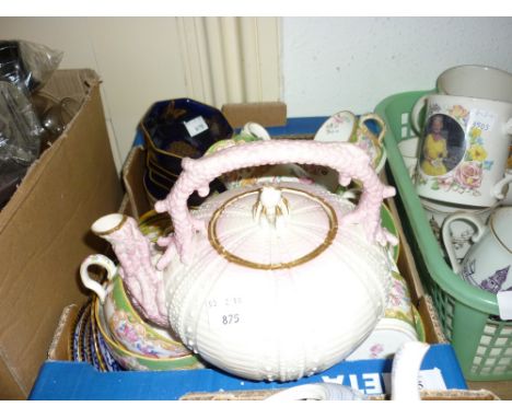 Minton tea and coffee service decorated with exotic birds on a green ground, a Belleek teapot, small quantity of Masons blue 