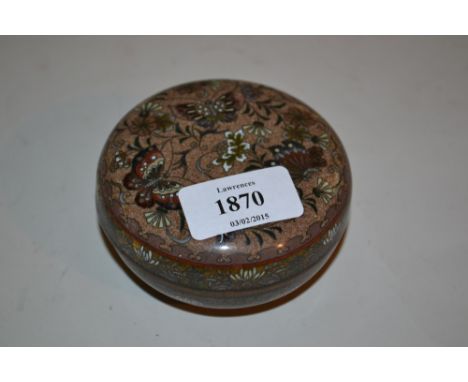 Circular cloisonne pot and cover decorated with flowers and butterflies (a/f) CONDITION REPORT No major damage to enamel but 