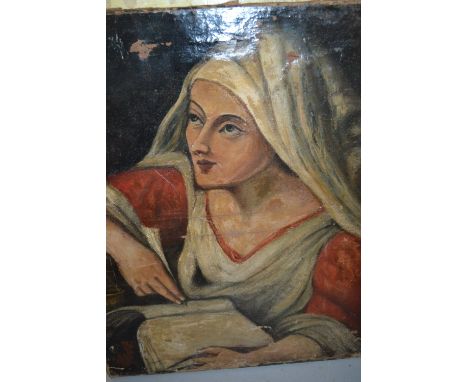 19th Century oil on canvas, portrait of a lady with white headdress, 22ins x 18ins, unframed