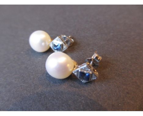 Pair of 18ct white gold sapphire diamond and cultured pearl stud earrings