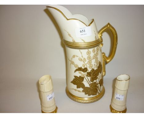 Royal Worcester tusk form jug (a/f) together with a pair of similar miniature spill vases of bamboo design