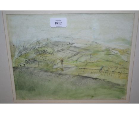 Ink, pencil and watercolour, landscape, signed with initials, S.H., pencil abstract study of a tree, unsigned and a small bla