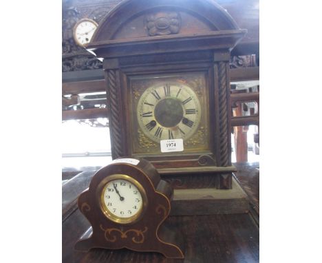 American mahogany cased two train mantel clock (a/f), together with a small Edwardian inlaid mantel clock