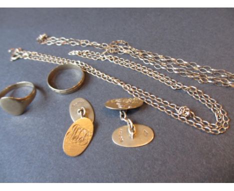 Pair of 9ct gold cufflinks, two gold rings and two chains
