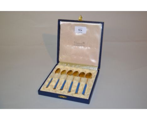 Cased set of six Continental silver gilt and enamel coffee spoons